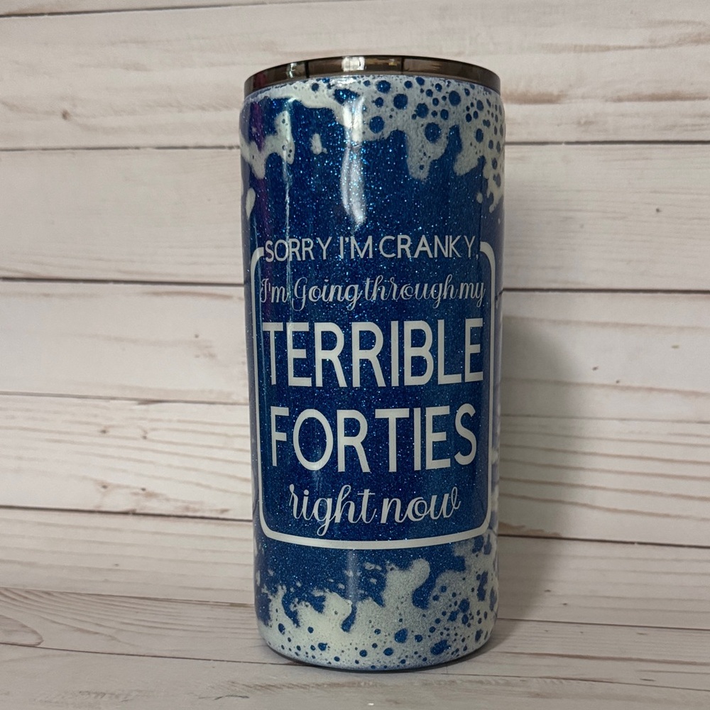 Custom Glitter Blue and White Tumbler with Humorous Text.